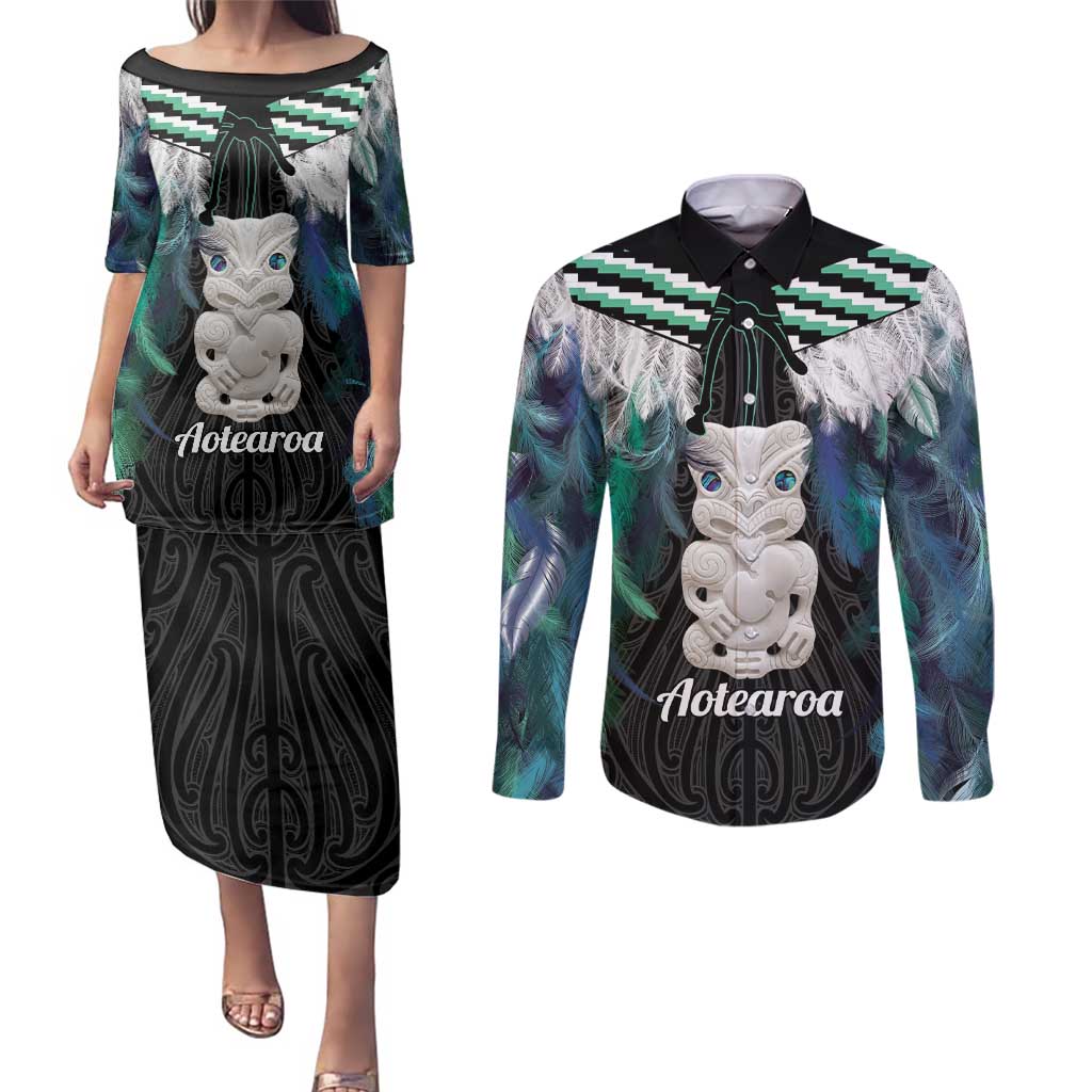 Aotearoa Korowai Motif Couples Matching Puletasi and Long Sleeve Button Shirt Hei Tiki Poutama Maori Pattern