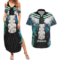 Aotearoa Korowai Motif Couples Matching Summer Maxi Dress and Hawaiian Shirt Hei Tiki Poutama Maori Pattern
