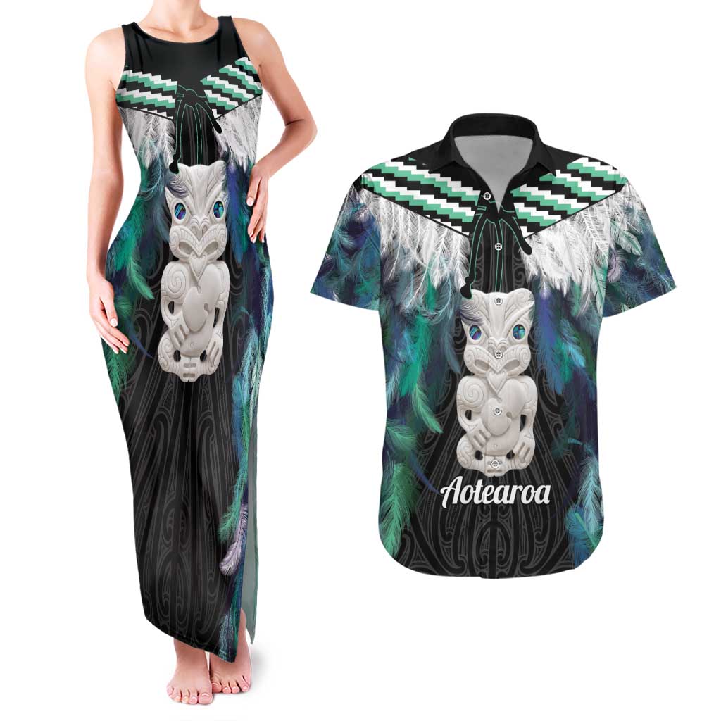 Aotearoa Korowai Motif Couples Matching Tank Maxi Dress and Hawaiian Shirt Hei Tiki Poutama Maori Pattern