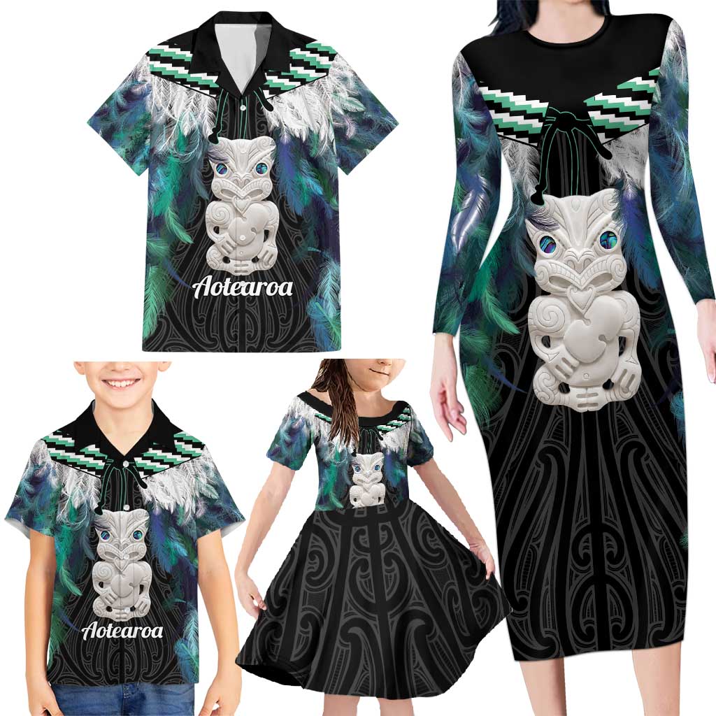Aotearoa Korowai Motif Family Matching Long Sleeve Bodycon Dress and Hawaiian Shirt Hei Tiki Poutama Maori Pattern