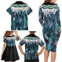 Aotearoa Korowai Motif Family Matching Long Sleeve Bodycon Dress and Hawaiian Shirt Hei Tiki Poutama Maori Pattern