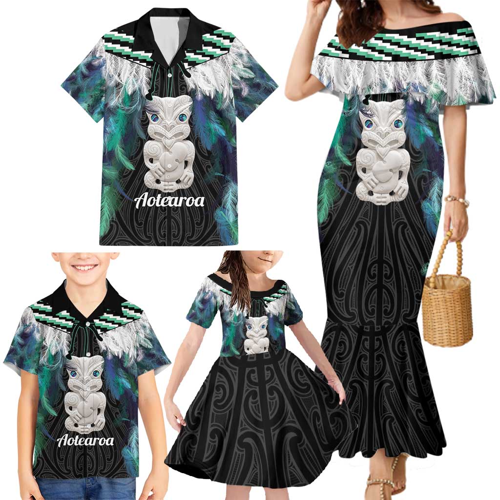 Aotearoa Korowai Motif Family Matching Mermaid Dress and Hawaiian Shirt Hei Tiki Poutama Maori Pattern