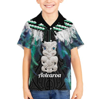 Aotearoa Korowai Motif Family Matching Off The Shoulder Long Sleeve Dress and Hawaiian Shirt Hei Tiki Poutama Maori Pattern