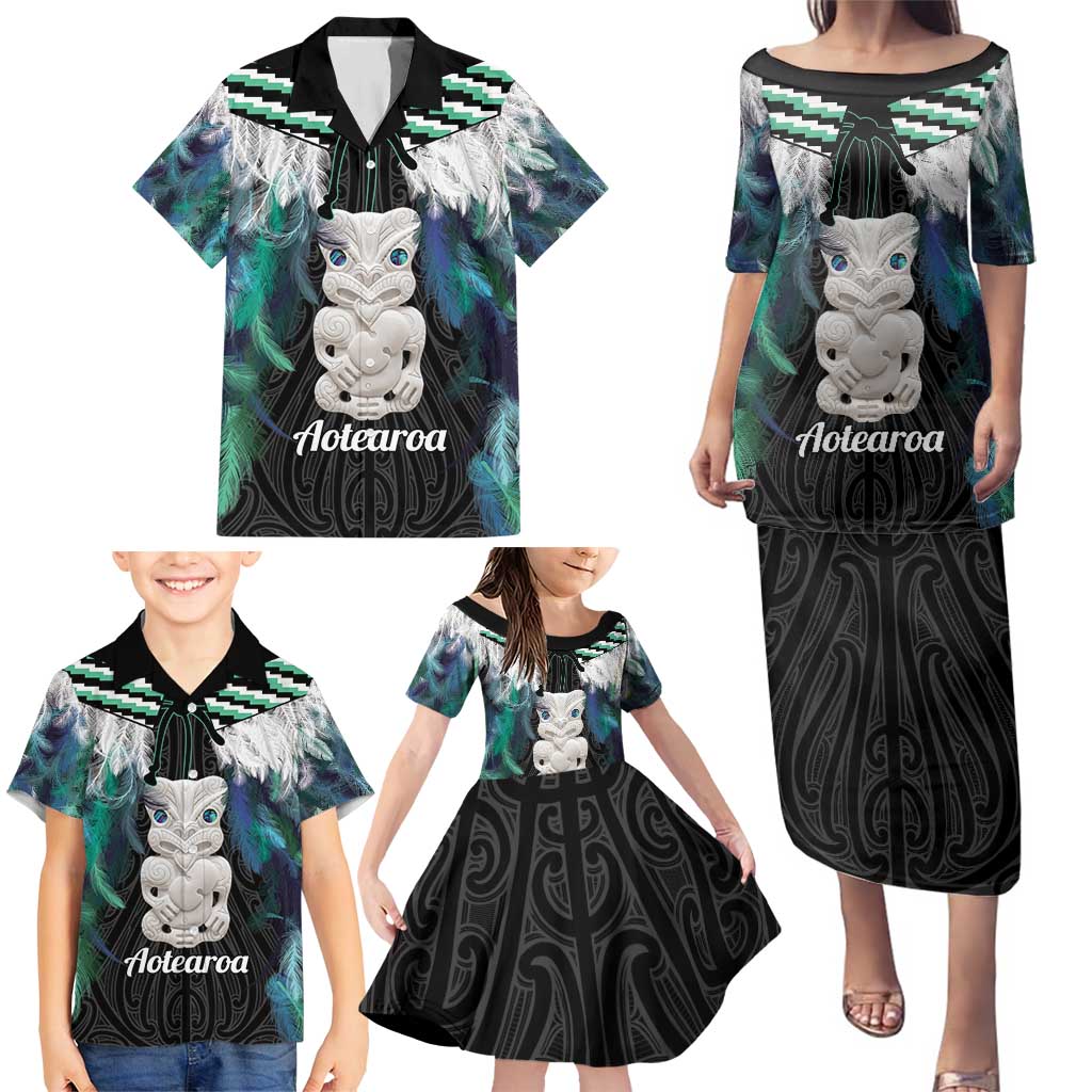 Aotearoa Korowai Motif Family Matching Puletasi and Hawaiian Shirt Hei Tiki Poutama Maori Pattern