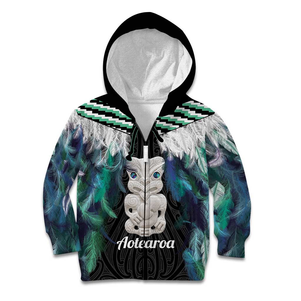 Aotearoa Korowai Motif Kid Hoodie Hei Tiki Poutama Maori Pattern LT14 Zip Hoodie Turquoise - Polynesian Pride