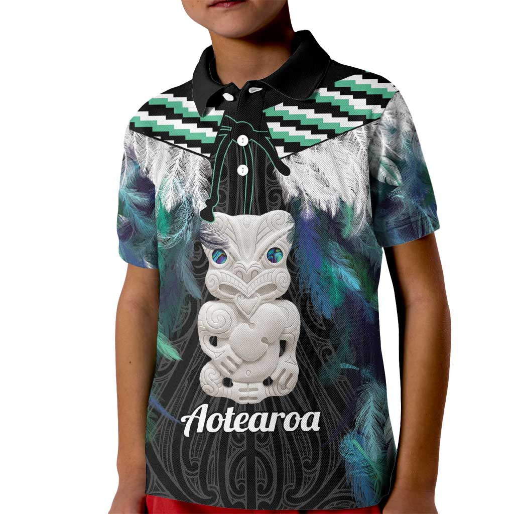 Aotearoa Korowai Motif Kid Polo Shirt Hei Tiki Poutama Maori Pattern LT14 Kid Turquoise - Polynesian Pride