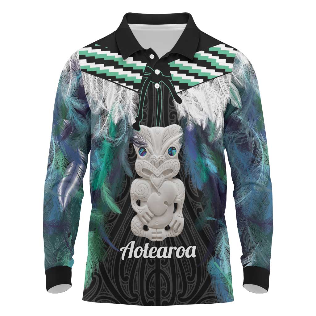 Aotearoa Korowai Motif Long Sleeve Polo Shirt Hei Tiki Poutama Maori Pattern
