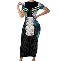 Aotearoa Korowai Motif Short Sleeve Bodycon Dress Hei Tiki Poutama Maori Pattern