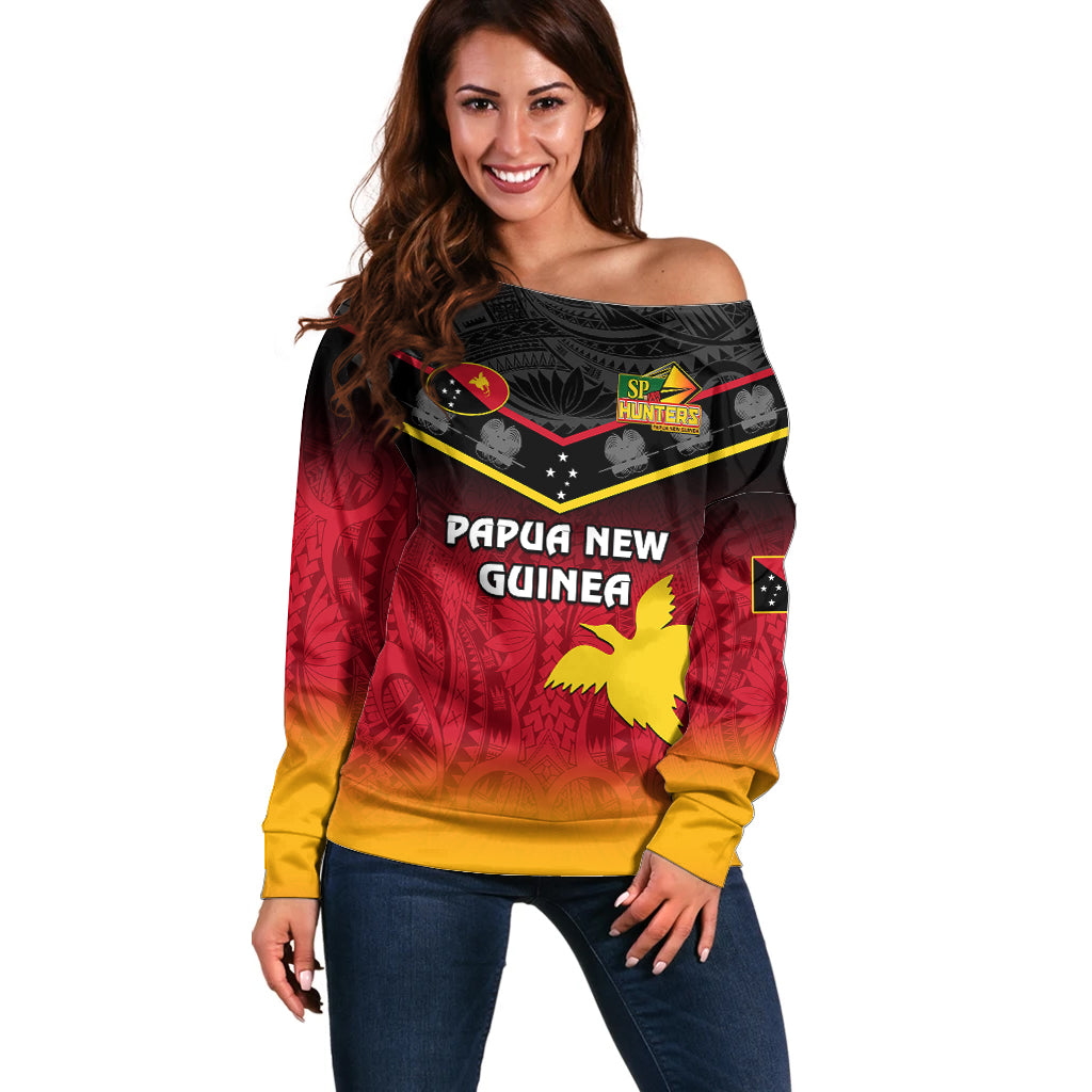 Papua New Guinea Rugby Off Shoulder Sweater PNG Hunters Polynesian Black LT14 Women Black - Polynesian Pride