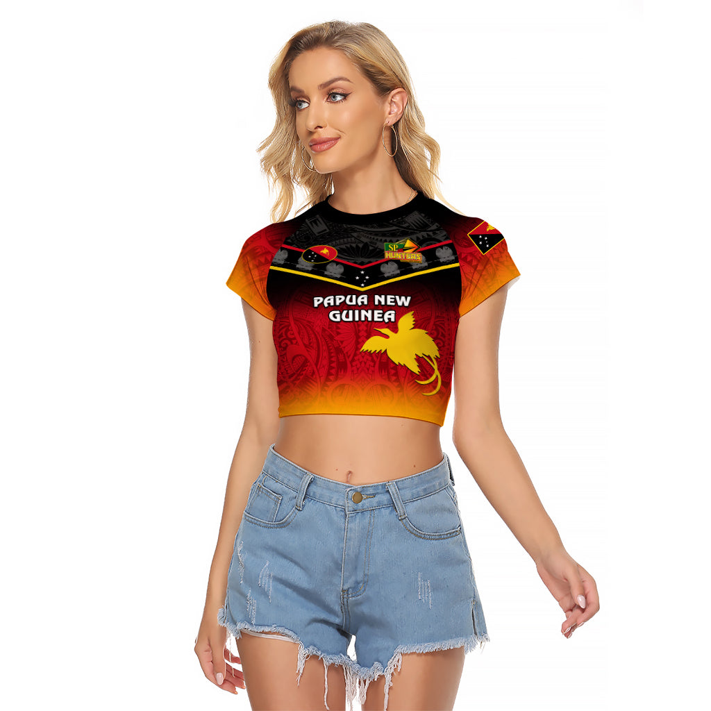 Papua New Guinea Rugby Raglan Cropped T Shirt PNG Hunters Polynesian Black LT14 Female Black - Polynesian Pride