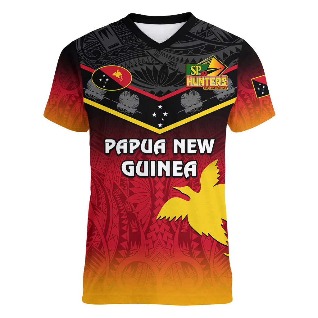 Papua New Guinea Rugby Women V Neck T Shirt PNG Hunters Polynesian Black LT14 Female Black - Polynesian Pride