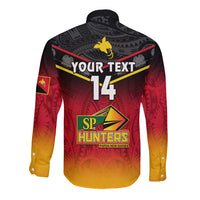 Personalised Papua New Guinea Rugby Long Sleeve Button Shirt PNG Hunters Polynesian Black LT14 - Polynesian Pride