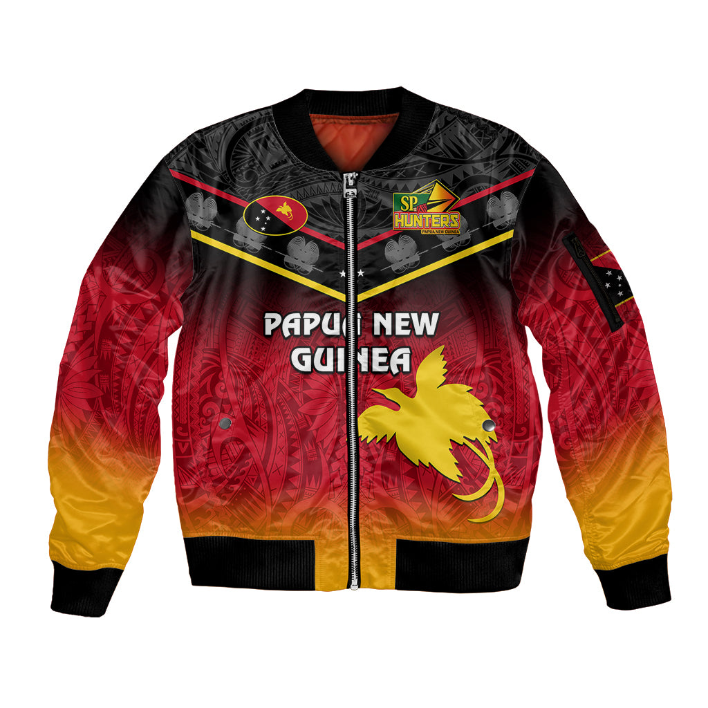 Personalised Papua New Guinea Rugby Sleeve Zip Bomber Jacket PNG Hunters Polynesian Black LT14 Unisex Black - Polynesian Pride