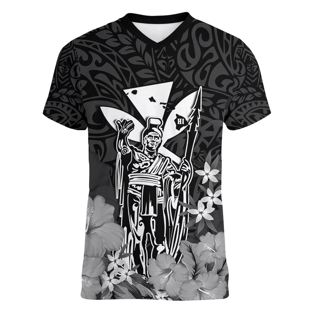 Personalised King Kamehameha Day Hawaii Women V Neck T Shirt Polynesia Tribal Kanaka And Hibiscus Black LT14 Female Black - Polynesian Pride