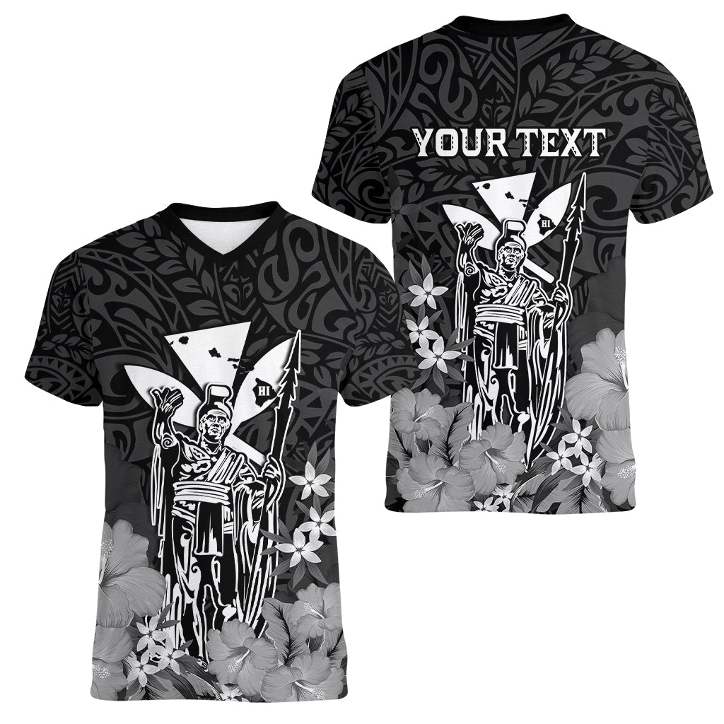 Personalised King Kamehameha Day Hawaii Women V Neck T Shirt Polynesia Tribal Kanaka And Hibiscus Black LT14 - Polynesian Pride