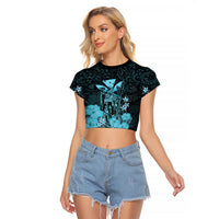 Polynesian Pride King Kamehameha Day Hawaii Raglan Cropped T Shirt Polynesia Tribal Kanaka And Hibiscus Turquoise LT14 Female Turquoise - Polynesian Pride