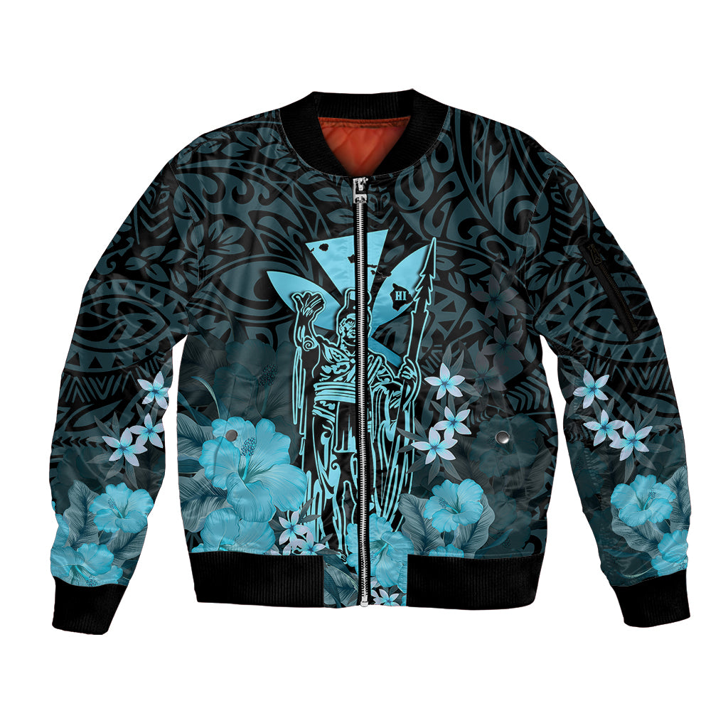 Personalised King Kamehameha Day Hawaii Sleeve Zip Bomber Jacket Polynesia Tribal Kanaka And Hibiscus Turquoise LT14 Unisex Turquoise - Polynesian Pride