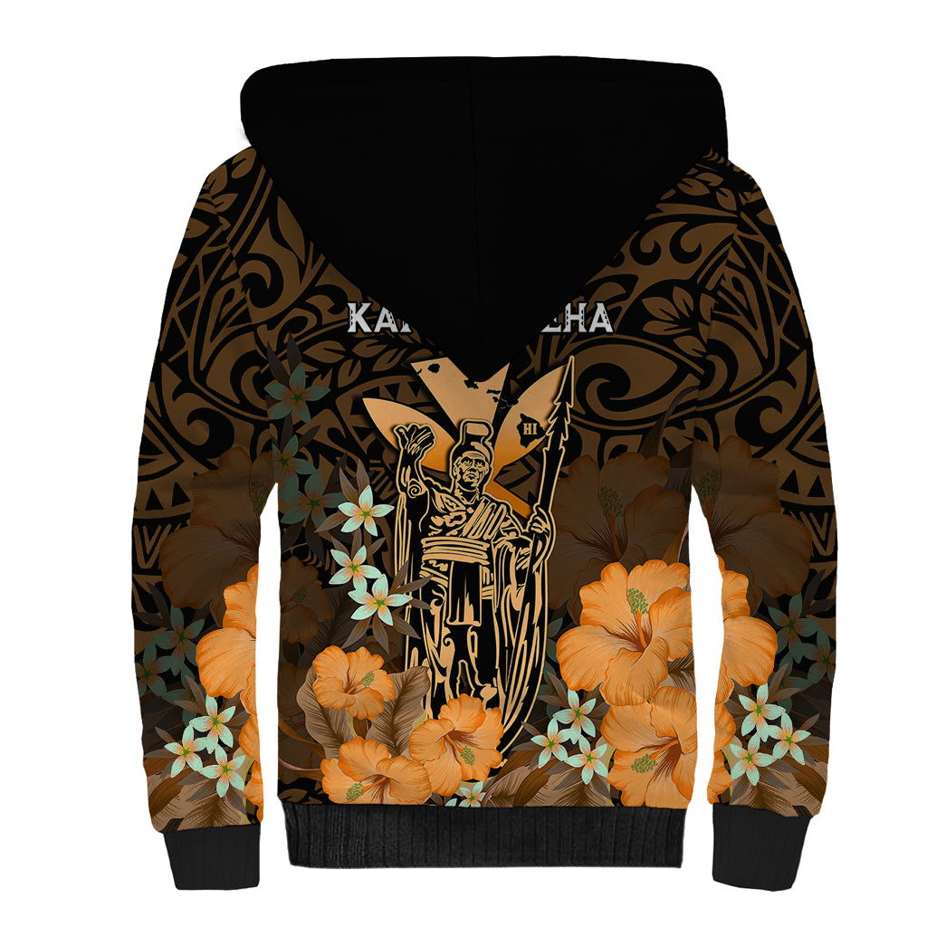Polynesian Pride King Kamehameha Day Hawaii Sherpa Hoodie Polynesia Tribal Kanaka And Hibiscus Gold LT14 - Polynesian Pride