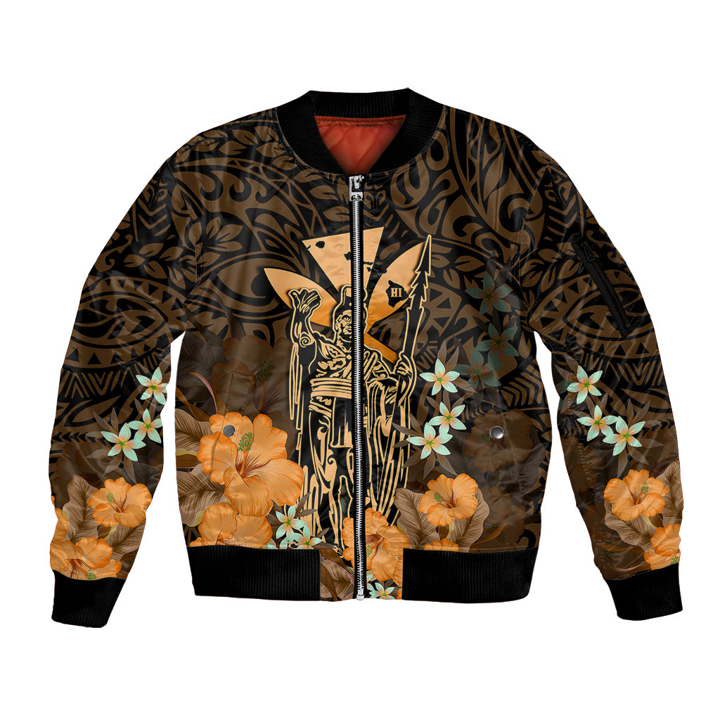 Polynesian Pride King Kamehameha Day Hawaii Sleeve Zip Bomber Jacket Polynesia Tribal Kanaka And Hibiscus Gold LT14 Unisex Gold - Polynesian Pride