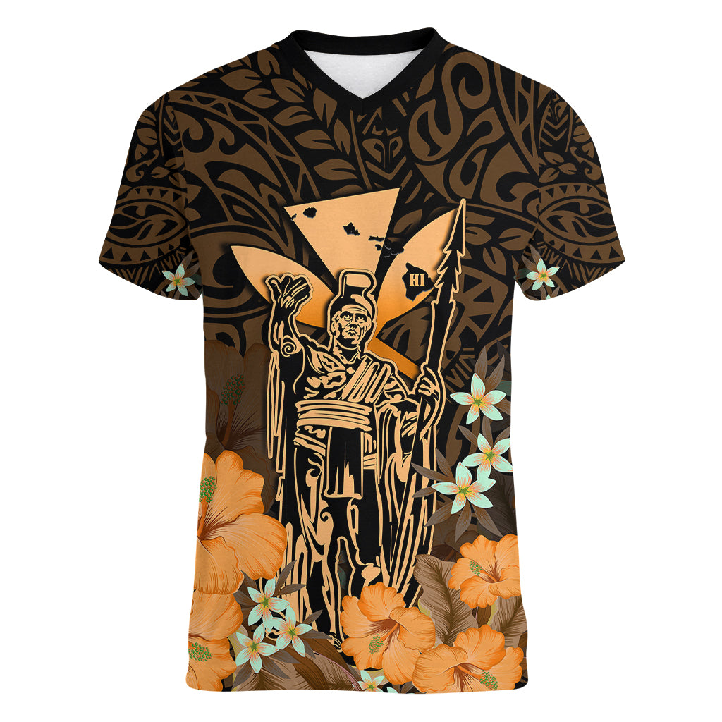 Polynesian Pride King Kamehameha Day Hawaii Women V Neck T Shirt Polynesia Tribal Kanaka And Hibiscus Gold LT14 Female Gold - Polynesian Pride