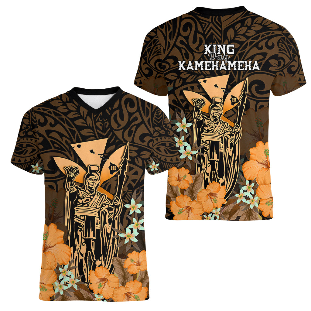 Polynesian Pride King Kamehameha Day Hawaii Women V Neck T Shirt Polynesia Tribal Kanaka And Hibiscus Gold LT14 - Polynesian Pride