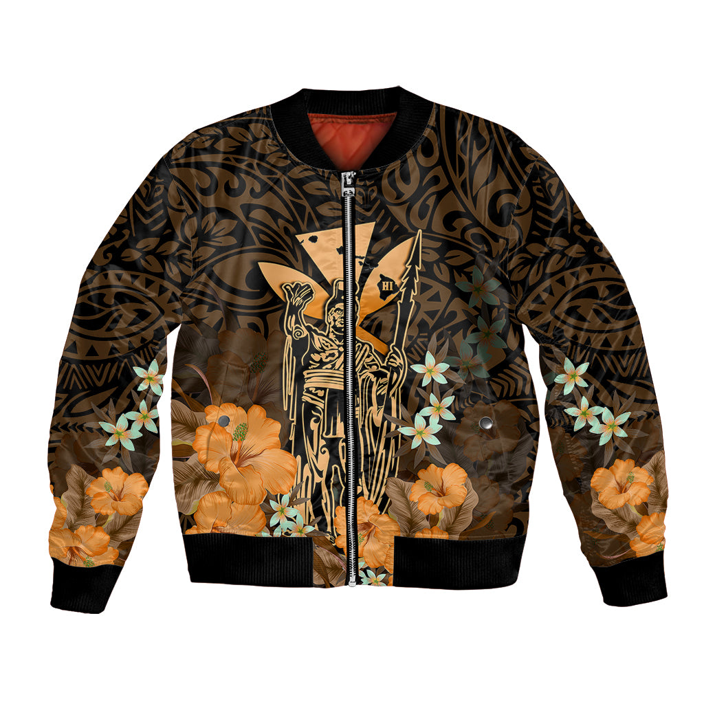 Personalised King Kamehameha Day Hawaii Bomber Jacket Polynesia Tribal Kanaka And Hibiscus Gold LT14 Unisex Gold - Polynesian Pride