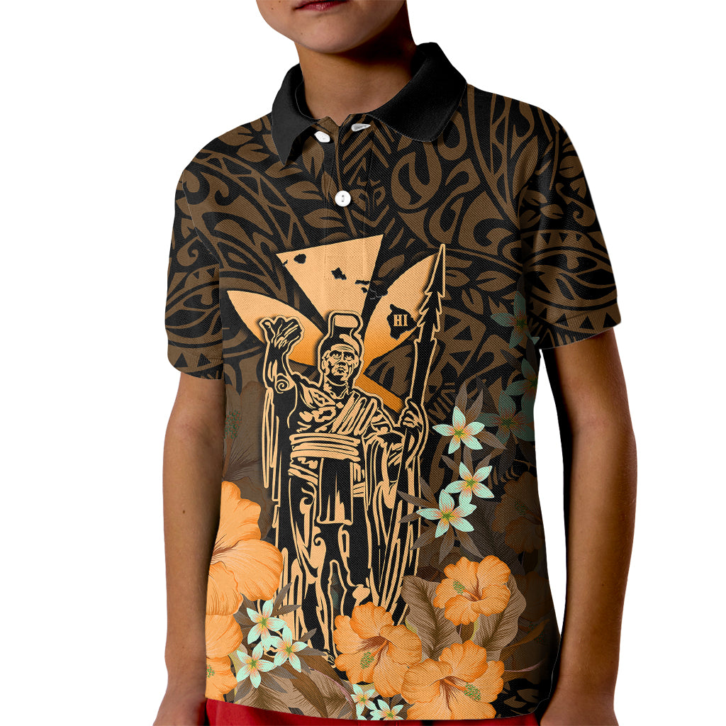 Personalised King Kamehameha Day Hawaii Kid Polo Shirt Polynesia Tribal Kanaka And Hibiscus Gold LT14 Kid Gold - Polynesian Pride