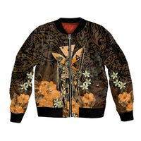 Personalised King Kamehameha Day Hawaii Sleeve Zip Bomber Jacket Polynesia Tribal Kanaka And Hibiscus Gold LT14 Unisex Gold - Polynesian Pride