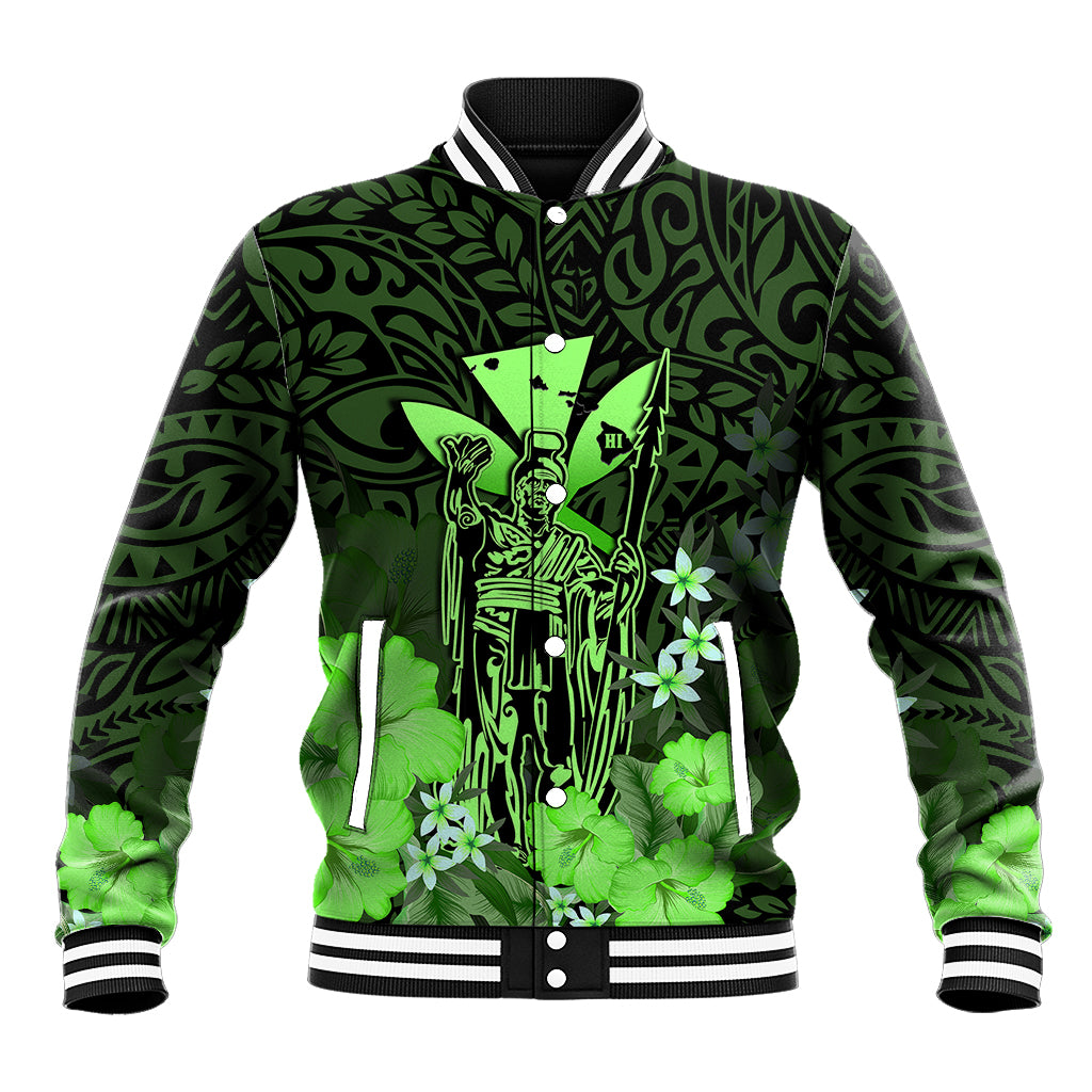Personalised King Kamehameha Day Hawaii Baseball Jacket Polynesia Tribal Kanaka And Hibiscus Green LT14 Unisex Green - Polynesian Pride