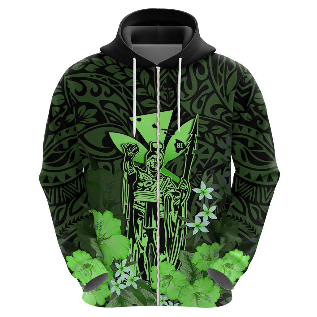Custom King Kamehameha Day Hawaii Hoodie Polynesia Tribal Kanaka and Hibiscus Green LT14 - Polynesian Pride