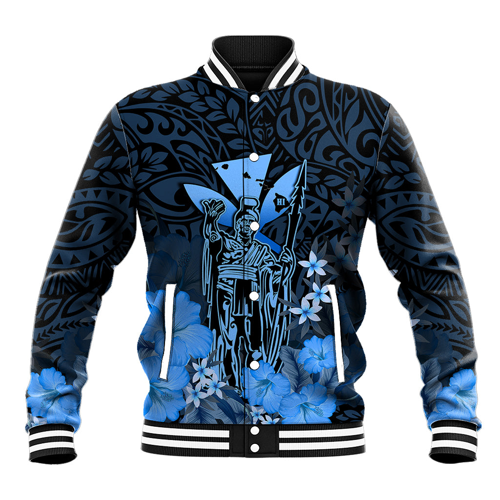 Polynesian Pride King Kamehameha Day Hawaii Baseball Jacket Polynesia Tribal Kanaka And Hibiscus Blue LT14 Unisex Blue - Polynesian Pride