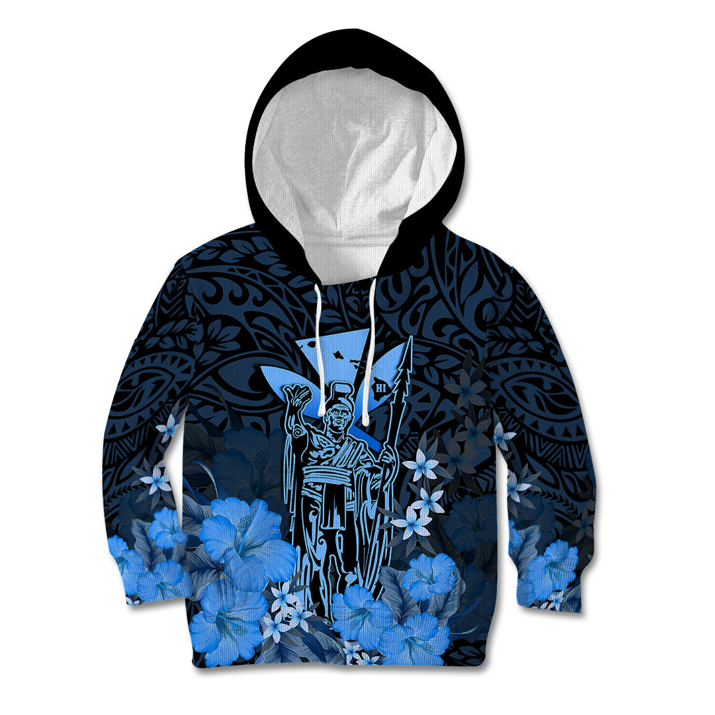 Polynesian Pride King Kamehameha Day Hawaii Kid Hoodie Polynesia Tribal Kanaka And Hibiscus Blue LT14 Hoodie Blue - Polynesian Pride