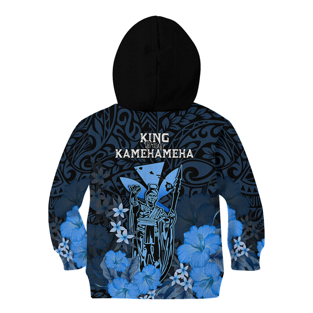 Polynesian Pride King Kamehameha Day Hawaii Kid Hoodie Polynesia Tribal Kanaka And Hibiscus Blue LT14 - Polynesian Pride