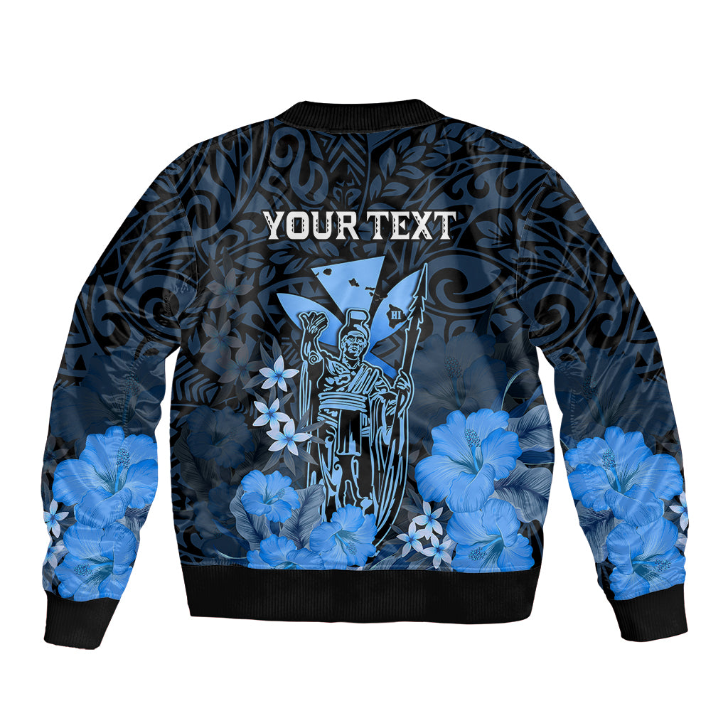 Personalised King Kamehameha Day Hawaii Bomber Jacket Polynesia Tribal Kanaka And Hibiscus Blue LT14 - Polynesian Pride