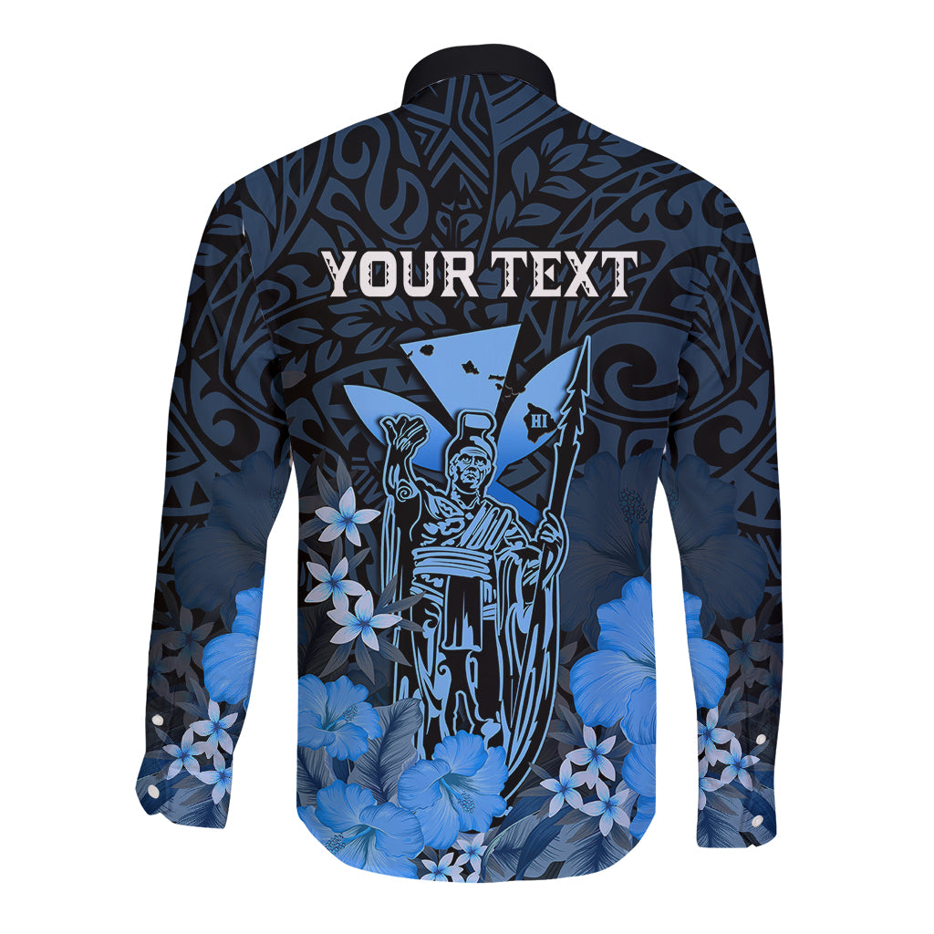 Personalised King Kamehameha Day Hawaii Long Sleeve Button Shirt Polynesia Tribal Kanaka And Hibiscus Blue LT14 - Polynesian Pride