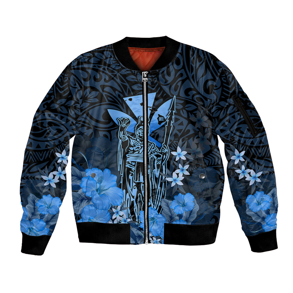 Personalised King Kamehameha Day Hawaii Sleeve Zip Bomber Jacket Polynesia Tribal Kanaka And Hibiscus Blue LT14 Unisex Blue - Polynesian Pride