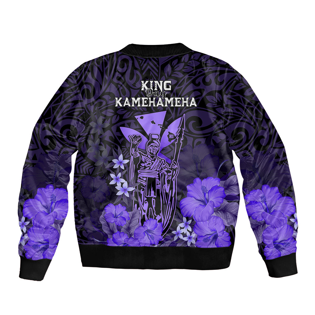 Polynesian Pride King Kamehameha Day Hawaii Sleeve Zip Bomber Jacket Polynesia Tribal Kanaka And Hibiscus Purple LT14 - Polynesian Pride
