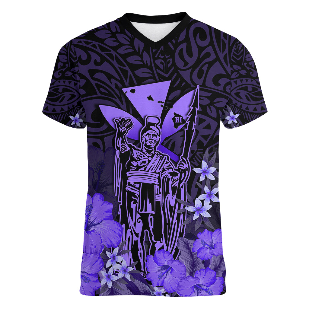 Polynesian Pride King Kamehameha Day Hawaii Women V Neck T Shirt Polynesia Tribal Kanaka And Hibiscus Purple LT14 Female Purple - Polynesian Pride