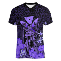 Polynesian Pride King Kamehameha Day Hawaii Women V Neck T Shirt Polynesia Tribal Kanaka And Hibiscus Purple LT14 Female Purple - Polynesian Pride