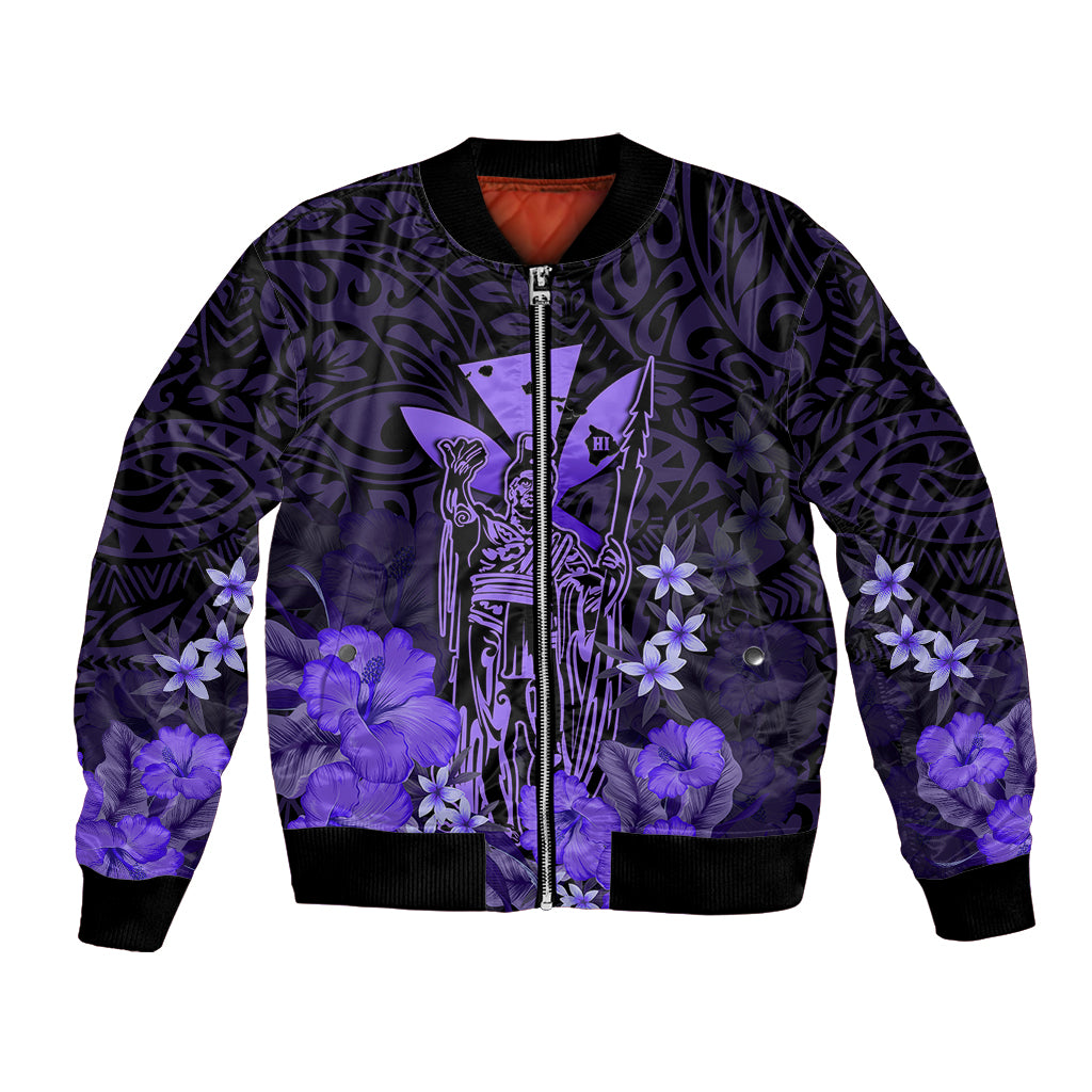 Personalised King Kamehameha Day Hawaii Bomber Jacket Polynesia Tribal Kanaka And Hibiscus Purple LT14 Unisex Purple - Polynesian Pride