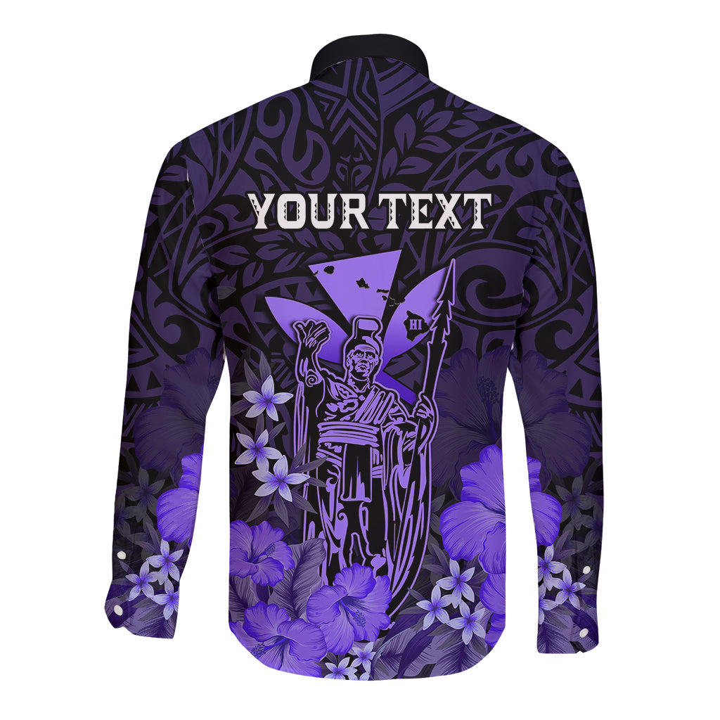Personalised King Kamehameha Day Hawaii Long Sleeve Button Shirt Polynesia Tribal Kanaka And Hibiscus Purple LT14 - Polynesian Pride