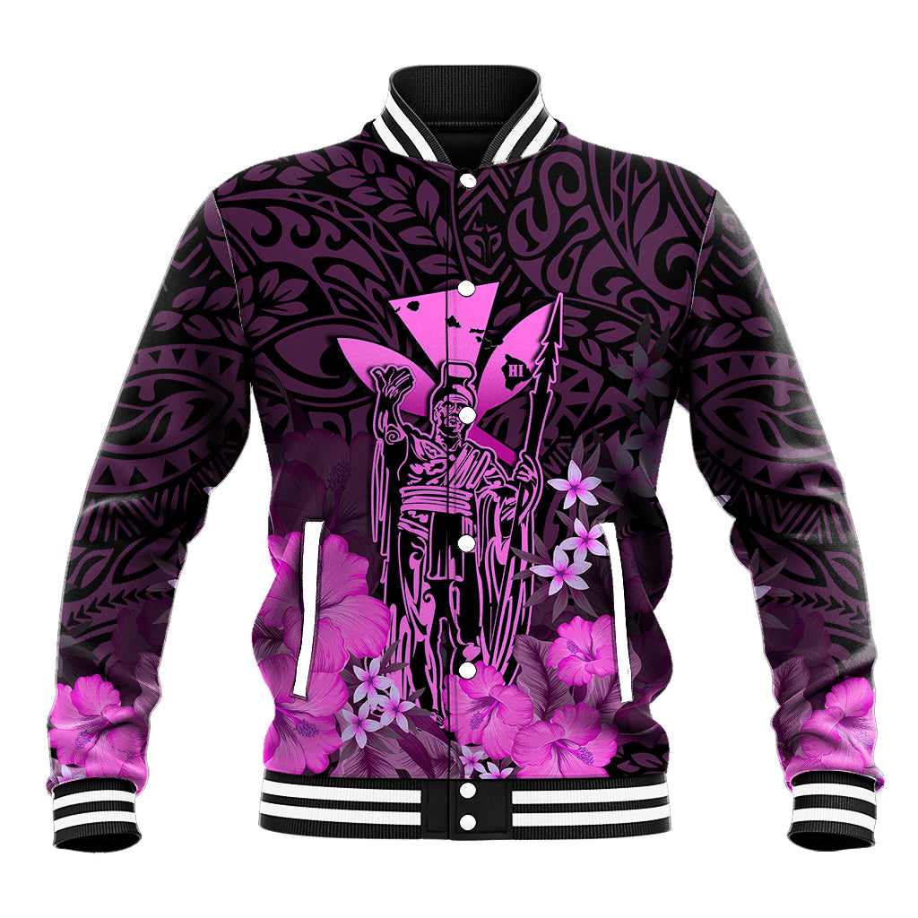 Personalised King Kamehameha Day Hawaii Baseball Jacket Polynesia Tribal Kanaka And Hibiscus Pink LT14 Unisex Pink - Polynesian Pride