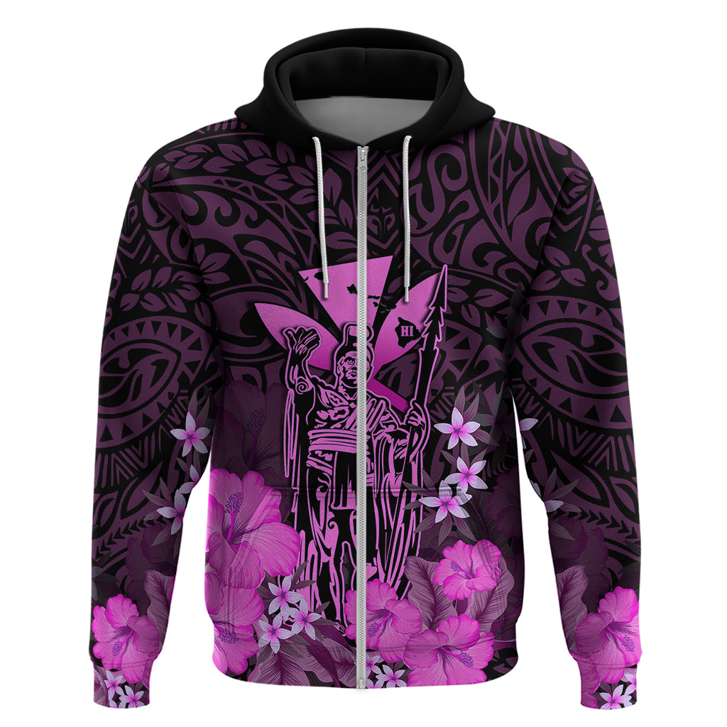 Custom King Kamehameha Day Hawaii Hoodie Polynesia Tribal Kanaka and Hibiscus Pink LT14 Zip Hoodie Pink - Polynesian Pride
