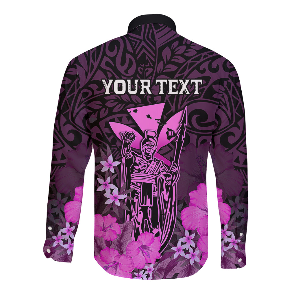 Personalised King Kamehameha Day Hawaii Long Sleeve Button Shirt Polynesia Tribal Kanaka And Hibiscus Pink LT14 - Polynesian Pride
