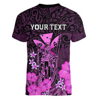 Personalised King Kamehameha Day Hawaii Women V Neck T Shirt Polynesia Tribal Kanaka And Hibiscus Pink LT14 - Polynesian Pride