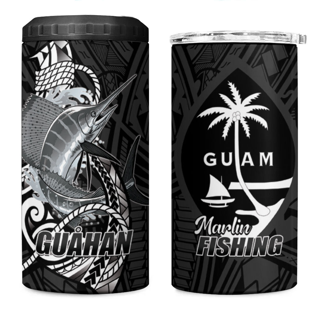 Guam Blue Marlin Fishing 4 in 1 Can Cooler Tumbler Guahan Fish Hook Tattoo Black Version