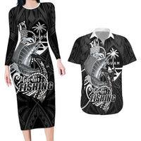 Guam Blue Marlin Fishing Couples Matching Long Sleeve Bodycon Dress and Hawaiian Shirt Guahan Fish Hook Tattoo Black Version