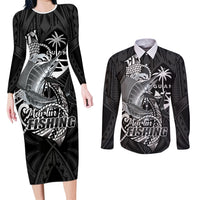 Guam Blue Marlin Fishing Couples Matching Long Sleeve Bodycon Dress and Long Sleeve Button Shirt Guahan Fish Hook Tattoo Black Version