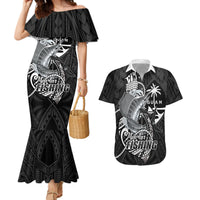 Guam Blue Marlin Fishing Couples Matching Mermaid Dress and Hawaiian Shirt Guahan Fish Hook Tattoo Black Version