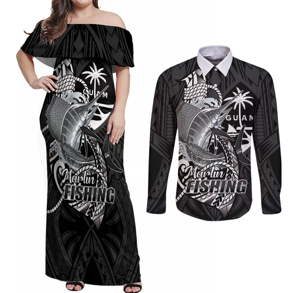 Guam Blue Marlin Fishing Couples Matching Off Shoulder Maxi Dress and Long Sleeve Button Shirt Guahan Fish Hook Tattoo Black Version LT14 Black - Polynesian Pride